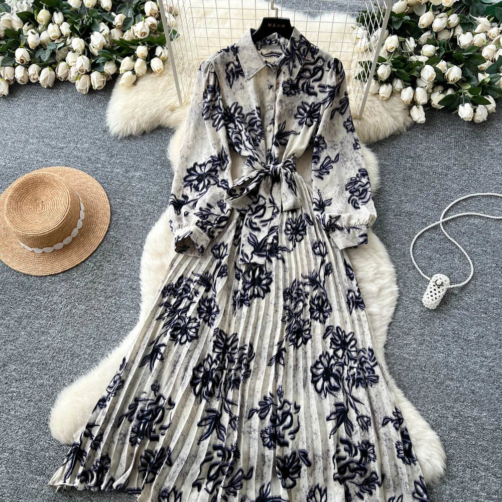 Chic vintage long sleeve turn-down collar button pleated Elegant Fairy korean fashion Boho women clothing Long dress