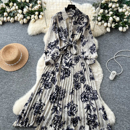Chic vintage long sleeve turn-down collar button pleated Elegant Fairy korean fashion Boho women clothing Long dress
