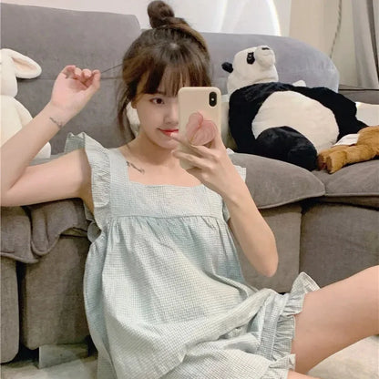 Fly Sleeve Sleepwear Women Pajamas Shorts Set Plaid Korean Kawaii Pijama Night Wear Ruffles Summer Home Suit Cute Sleeping 2024