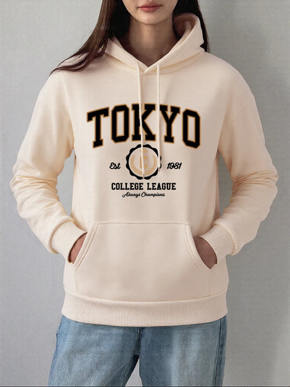 Tokyo College League Prints Hoodie Women Winter Fleece Warm Pullover Basics Pocket Sweatshirt Casual Comfortable Womans Clothes