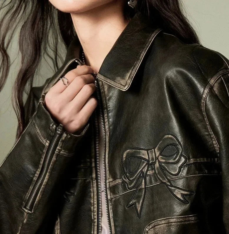 Zekye Vintage Women's Faux Leather Jacket Autumn Winter Lapel Collar Bow Detail Zipper Overcoat Fashionable Outerwear