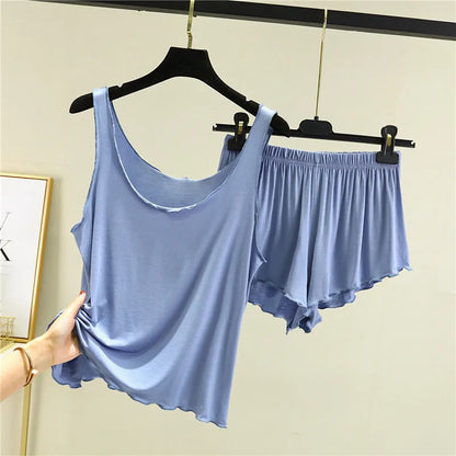 Casual Pyjama Pour Femme Summer Modal Tank Top Shorts Two-Piece Set Round Neck Sleeveless Home Wear Clothes Women Pajamas Suit blue