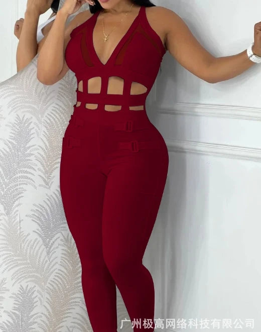 Women's jumpsuit 2025 summer new sleeveless new fashionable hollow camisole buckle comparison mesh tight jumpsuit C