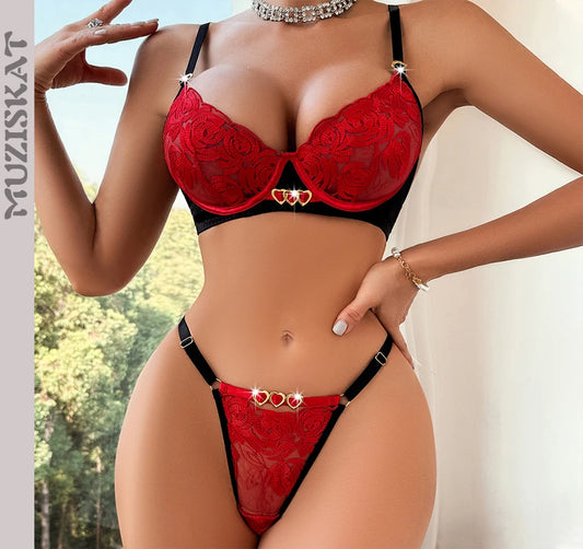 MUZISKAT 2024 New Personality Female Embroidery Splicing Love Comfortable Mesh Sexy Lingerie Erotic Two-Piece Set Onlyfans