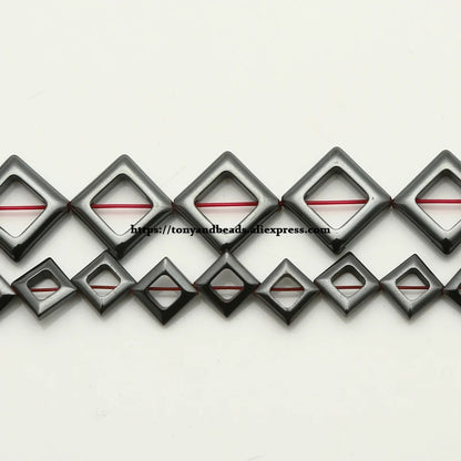 Natural Flat Hollow Square Shape Black Hematite Stone Loose Beads 8X8 13.5X13.5MM 15" Pick Size For Jewelry Making