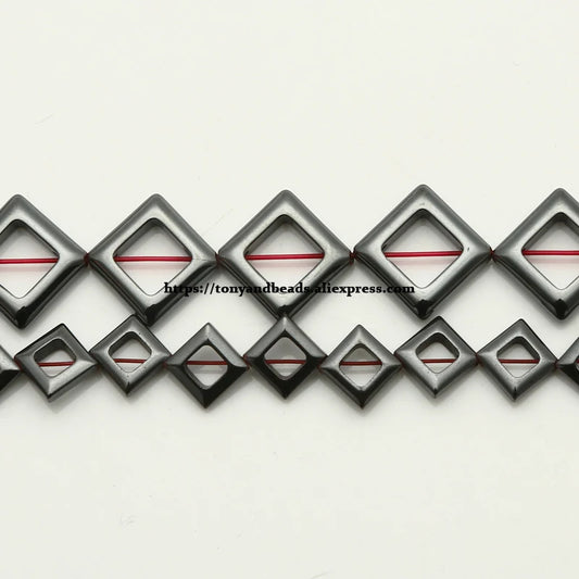 Natural Flat Hollow Square Shape Black Hematite Stone Loose Beads 8X8 13.5X13.5MM 15" Pick Size For Jewelry Making