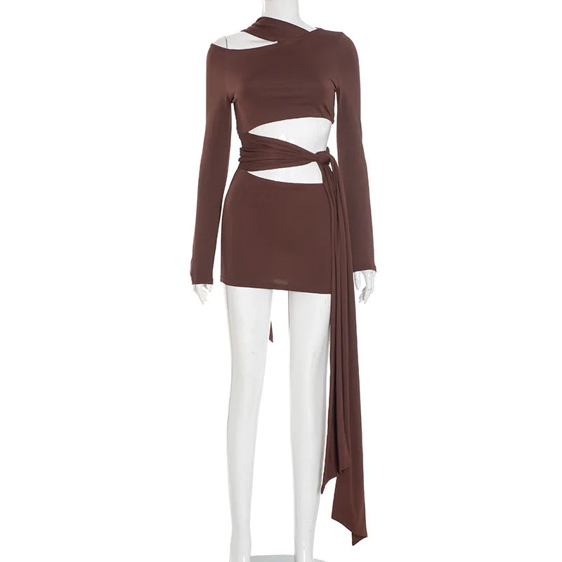 Nsauye Women New Fashion Halter Long Sleeve Mini Hollow Out Irregular Dress Outfits Elegant Sexy Night Club Lace Up Party Dress