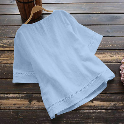 Fashion O-neck Short Sleeve White Lace Tops And Blouses Women 2024 Summer Loose Casual Cotton Linen Top Femme Blouse Shirt Woman