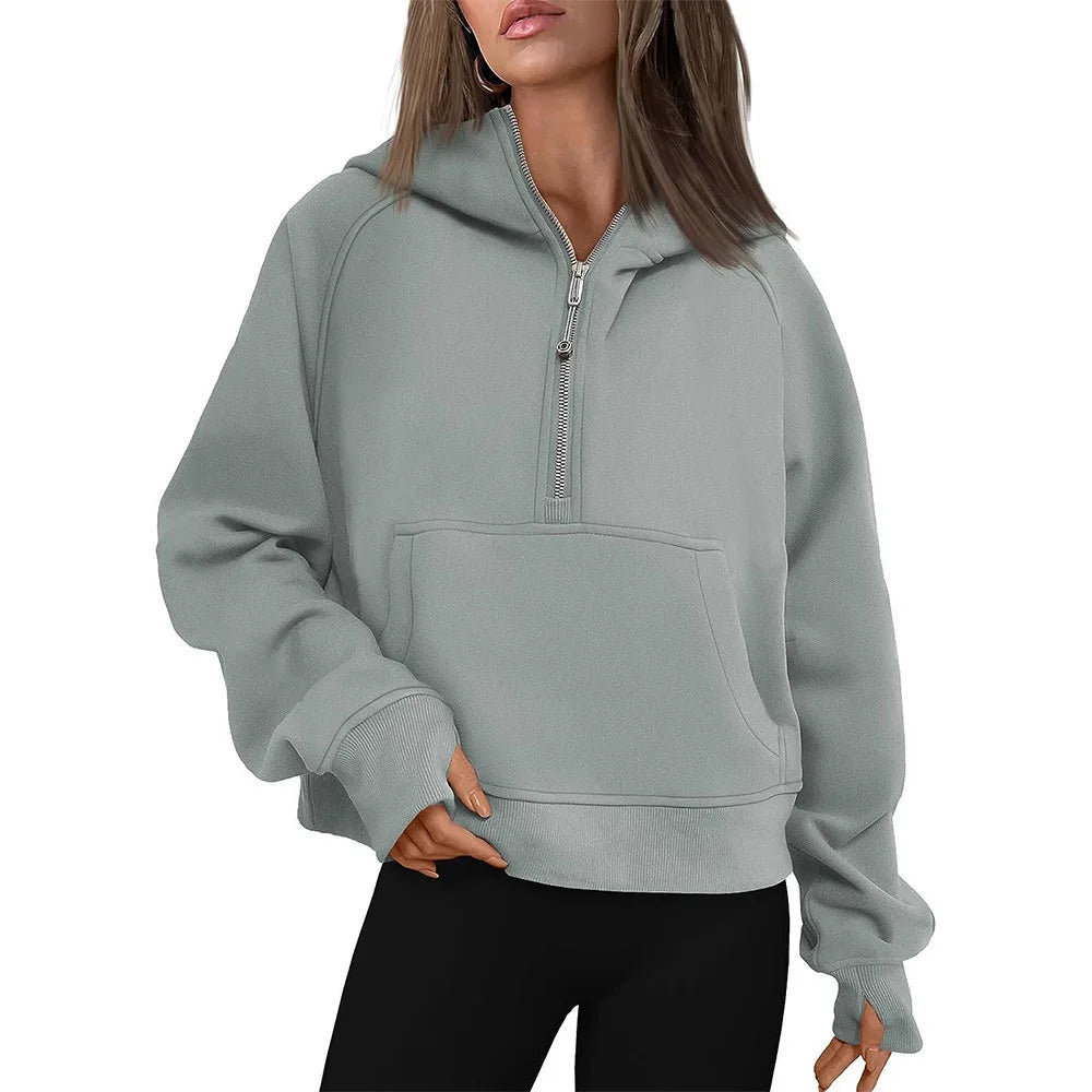 Half Zip Sweatshirts Cropped Hoodies Fleece Womens Quarter Zip Up Pullover Sweaters Fall Outfits 2024 Winter Clothes Light green