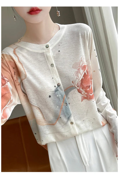 Spring And Summer New Lyocell Water-Soluble Wool Blended Round Neck Knit Cardigan Long Sleeve Feminine Sweater Printed Top