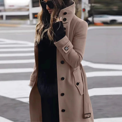 New Solid Color Button Long Wool Coat Autumn Warm Stand Collar Women Coat Fashion Ladies High Neck Pocket Belt Trench Coat