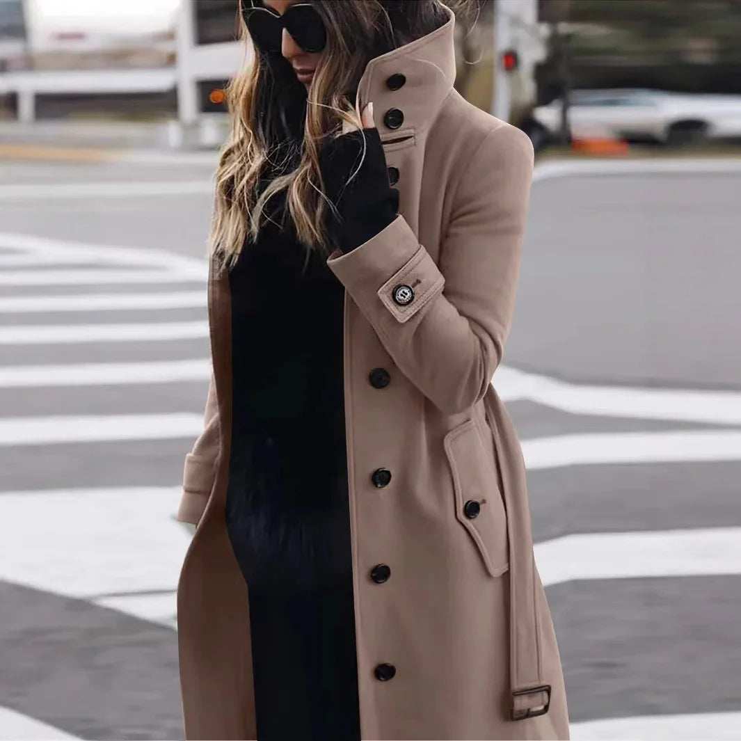 New Solid Color Button Long Wool Coat Autumn Warm Stand Collar Women Coat Fashion Ladies High Neck Pocket Belt Trench Coat Badiee Stylez