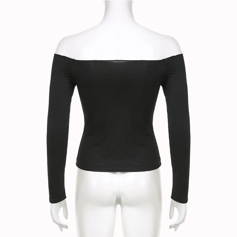 Black Solid Slash Neck Elegant Long Sleeve Tops Korean Fashion Slim Sexy Cropped T Shirt Women Fall Clothing