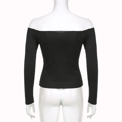 Black Solid Slash Neck Elegant Long Sleeve Tops Korean Fashion Slim Sexy Cropped T Shirt Women Fall Clothing