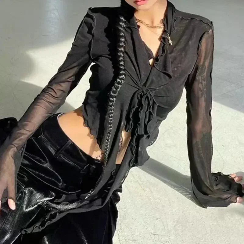 Long Flare Sleeve Sexy Sweet Hot Girls Korean Blouses for Women Lace-up Mesh Fashion Style All-match Solid Design Elegant Casual