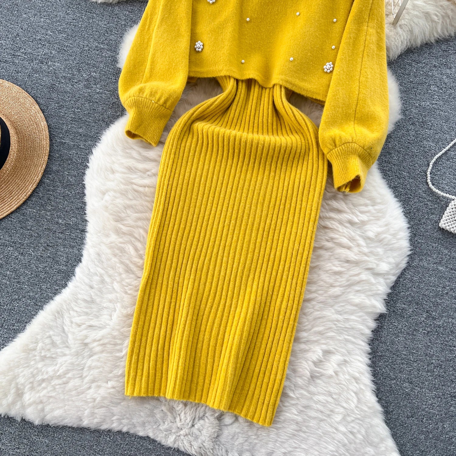 SINGREINY Beading Casual Two Piece Set Women Long Sleeve O Neck Pullover Midi Dress Fashion 2023 Winter Sweater Suit Dresses Badiee Stylez