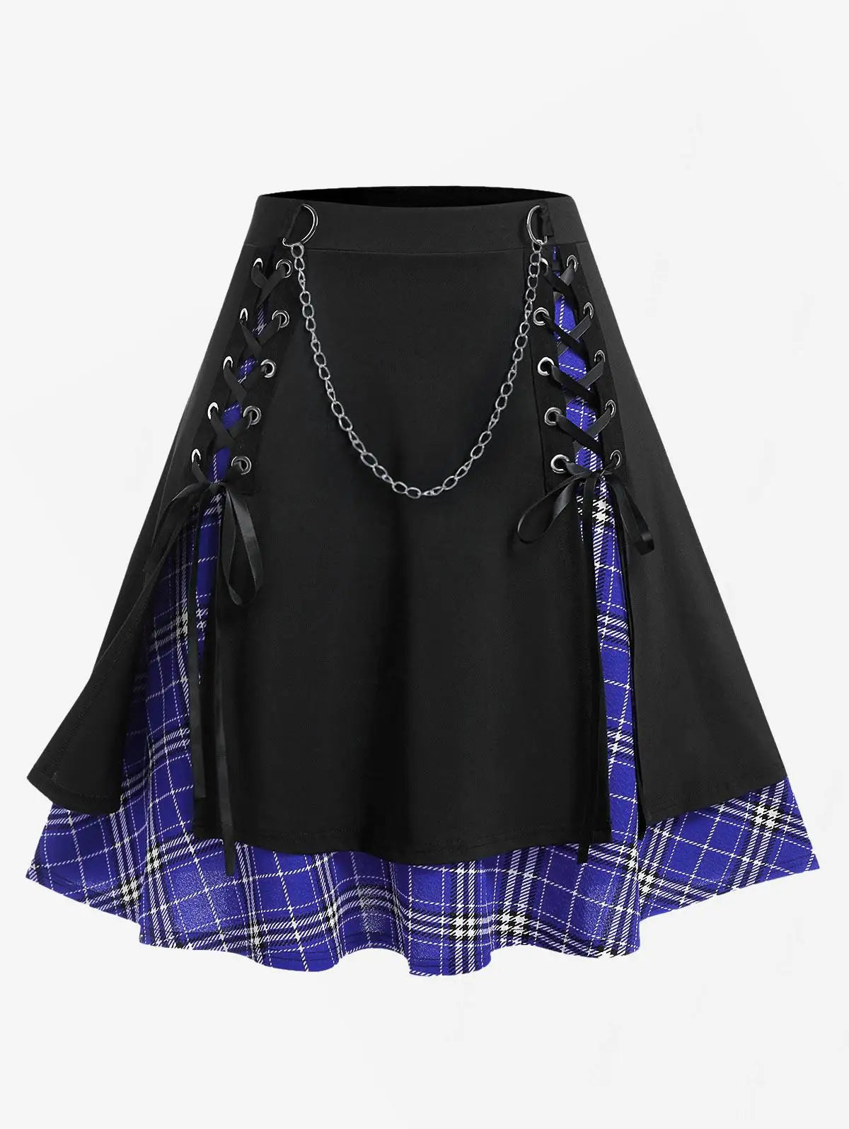 ROSEGAL Plus Size Women's Gothic Skirt Casual Plain Chain Detail High Waisted Stitching Plaid Pleated Layered Lace Up Skirts 5XL Cobalt Blue