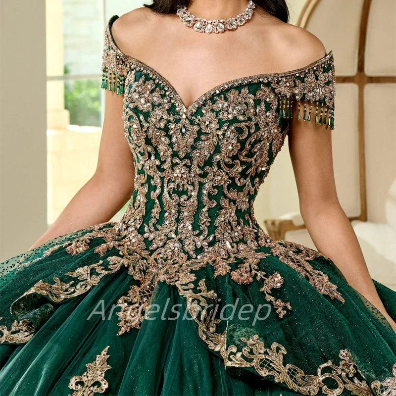 Angelsbridep Customized Emerald Green Ball Gown Quinceanera Dresses 2025 Glitter Tulle Sweet 16 Evening Dress Vestido De 15 Años Badiee Stylez