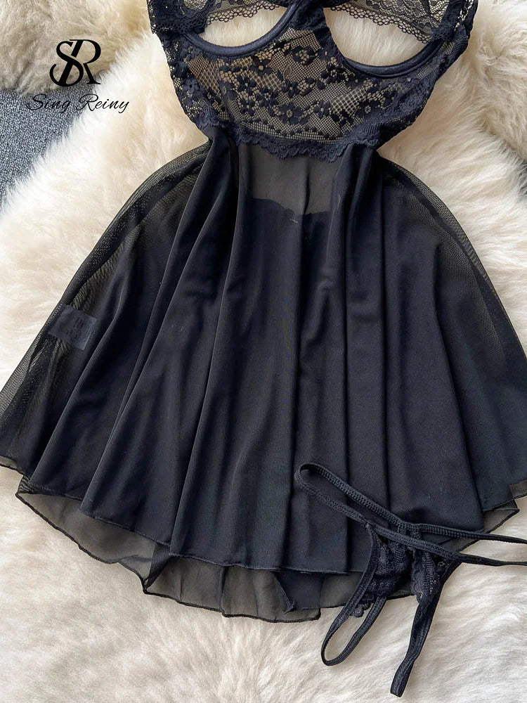 SINGREINY Transparent Lace Sexy Nightwear Sleeveless Slim Backless Short Dress Women Strap Floral Mesh Sheer Erotic Nightdress