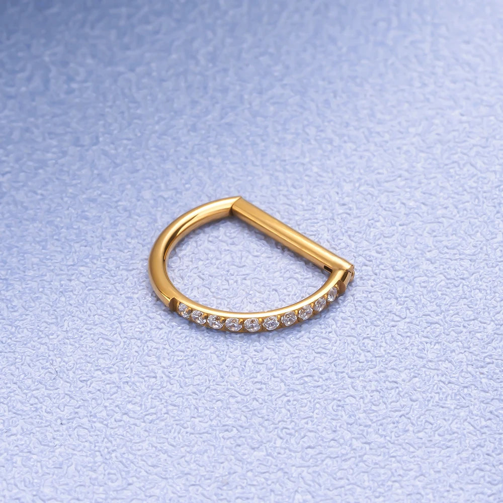 G23 Titanium Piercing Jewelry 16G 8/10/12mm Nose Ring Half Ring CZ Paved D Shape Segment Ring Clicke Cartilage Tragus Helix Lip 1pcs