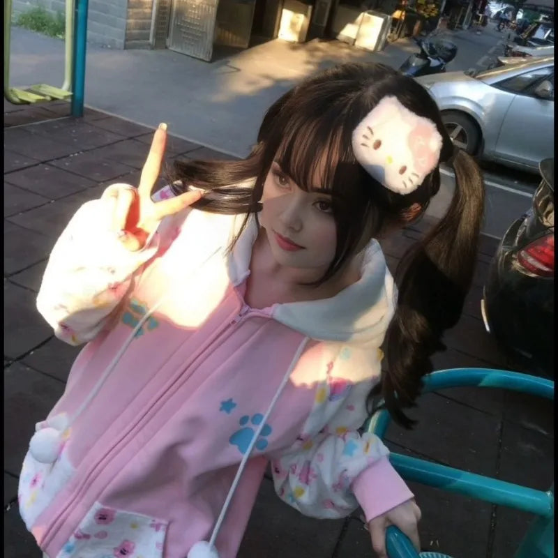 Harajuku Zip Hoodies Women Japanese Sweet Lolita Sweatshirts Kawaii Cartoon Print Y2k Hooded Overcoat Korean Fashion Clothes Top