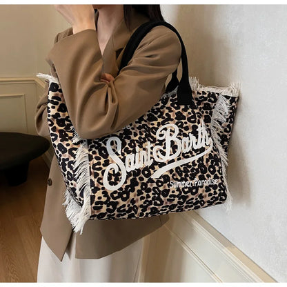 European and American Letters Tassel Canvas Bag Arge Capacity Handbags Travel Women Beach Tote Bag Fashion Casual Shopping Bags