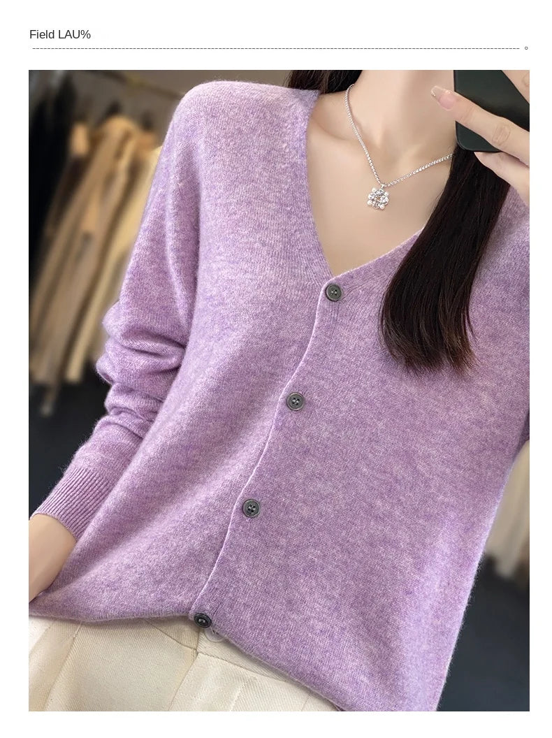 100 Merino Wool Knitted V-neck Sweater Women's Top Loose Korean Version Fashionable Versatile Autumn And Winter Cashmere Sweater