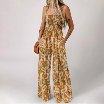 Women'S Suspender Jumpsuits Fashion Trend Pleated Shoulder Straps Printed Pocket Loose Wide Leg Jumpsuits Daily Casual All-Match
