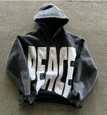 American Hip Hop Gothic Embroidery Oversize Fleece Zipper Hoodie Men's Y2K New Harajuku Punk Rock Couple Casual Joker Streetwear GRAY