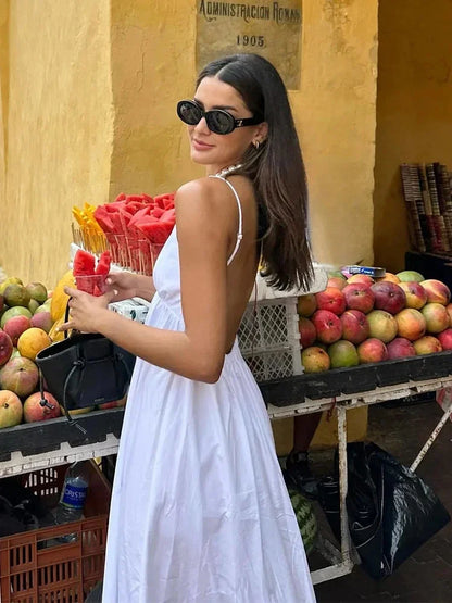 Women's Backless Midi Dress Waistband V Neck Solid Pullover High Waisted Loose Fitting Camisole A-line Skirt New Fashion Dresses