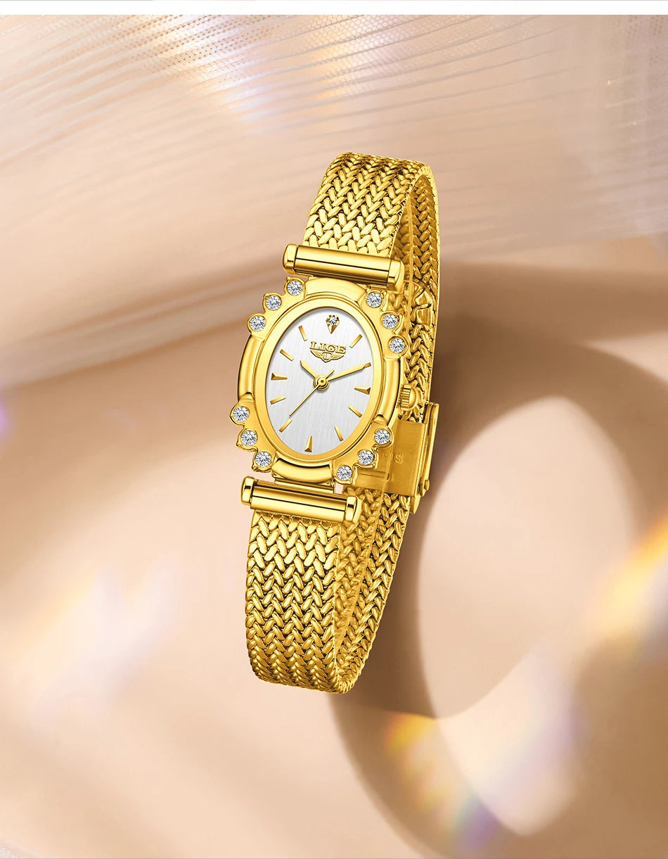 LIGE 2025 New Gold Square Watch For Women Simple Fashion Waterproof Quartz Ladies Watches Ultra-Thin Mesh Women's Bracelet Watch