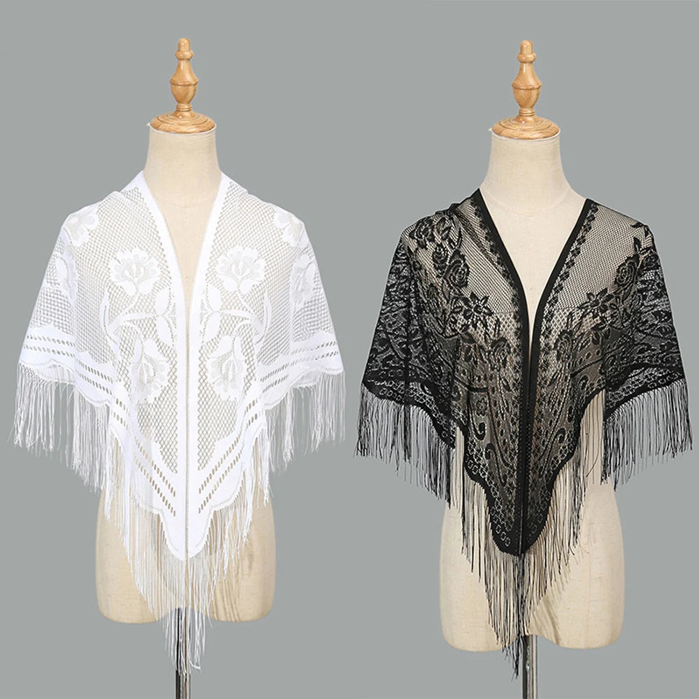 2024 White/Black Catholic Woman Spanish Style Lace Tassel Church Veil Head Covering Long Veil Floral Scarves Wedding Accessories Badiee Stylez