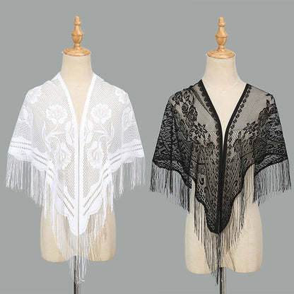 2024 White/Black Catholic Woman Spanish Style Lace Tassel Church Veil Head Covering Long Veil Floral Scarves Wedding Accessories Badiee Stylez