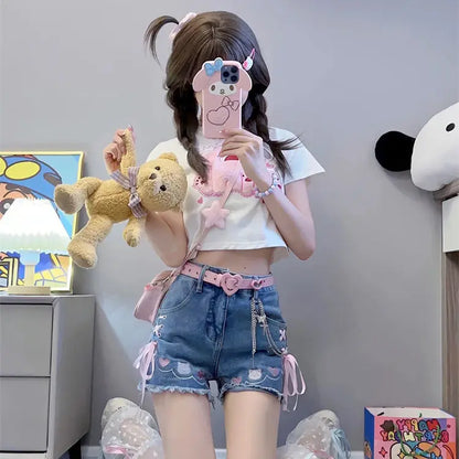 Women's Denim Shorts Strap Cute High Waist Bow Kawaii Female Short Jeans Pants Elegant New in To Wear Stretchy Trend 2025 Casual