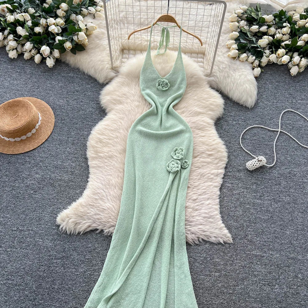 SINGREINY Halter 3D Floral Maxi Sundress Women Sleeveless Bodycon Elastic Beach Dress Vacation Knitted Split Sexy Long Dress