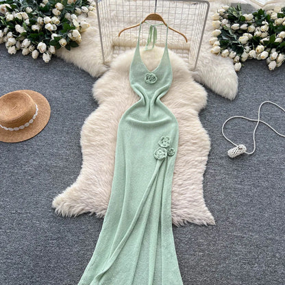 SINGREINY Halter 3D Floral Maxi Sundress Women Sleeveless Bodycon Elastic Beach Dress Vacation Knitted Split Sexy Long Dress