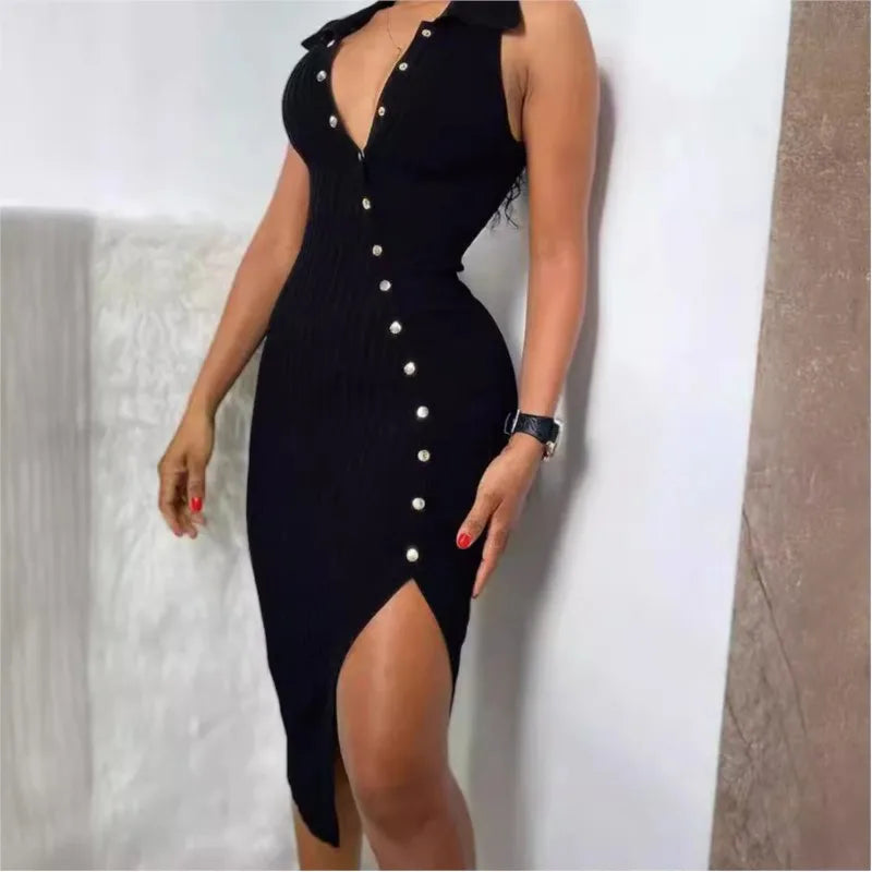 Sleeveless Dress Vestidos Dresses 2025 Woman Vestido Feminino Slim Simple Style All-match Slit Button Solid Color Sexy Commuting Badiee Stylez