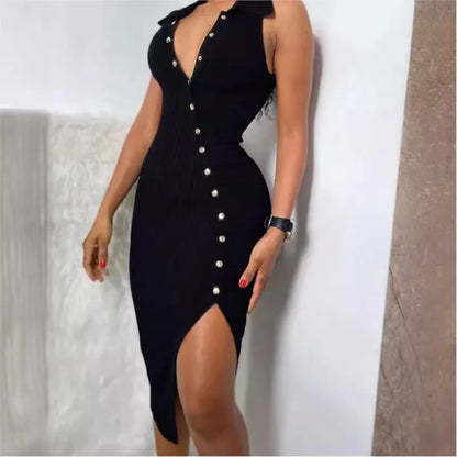 Sleeveless Dress Vestidos Dresses 2025 Woman Vestido Feminino Slim Simple Style All-match Slit Button Solid Color Sexy Commuting Badiee Stylez