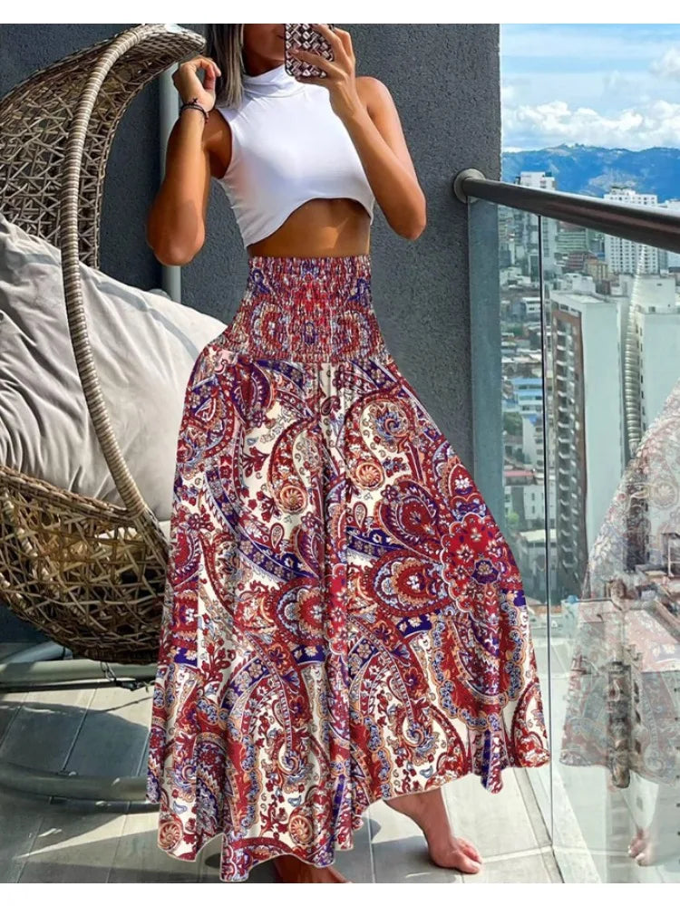 Women Fashion Floral Print Folds Bohemian Elastic High Waist  Skirt Ladies Knee-Length Long Skirts For Women Badiee Stylez