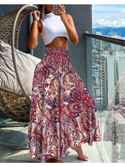 Women Fashion Floral Print Folds Bohemian Elastic High Waist  Skirt Ladies Knee-Length Long Skirts For Women Badiee Stylez