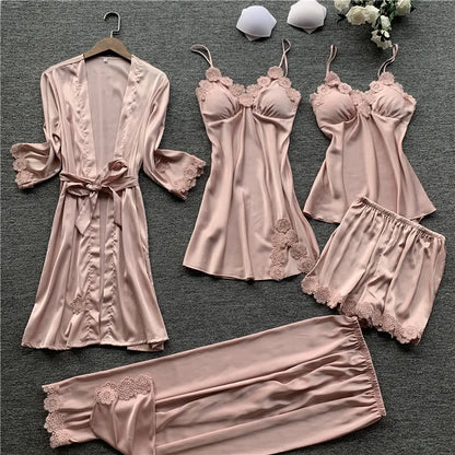 Pajamas Five Piece Set Sexy Lace Trim Nightgown Nightwear Spring Summer Women Bath Robe Loose Silk Satin Home Wear Pijamas Suit Pink 5PCS Set A