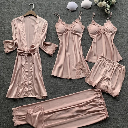 Pajamas Five Piece Set Sexy Lace Trim Nightgown Nightwear Spring Summer Women Bath Robe Loose Silk Satin Home Wear Pijamas Suit Pink 5PCS Set A