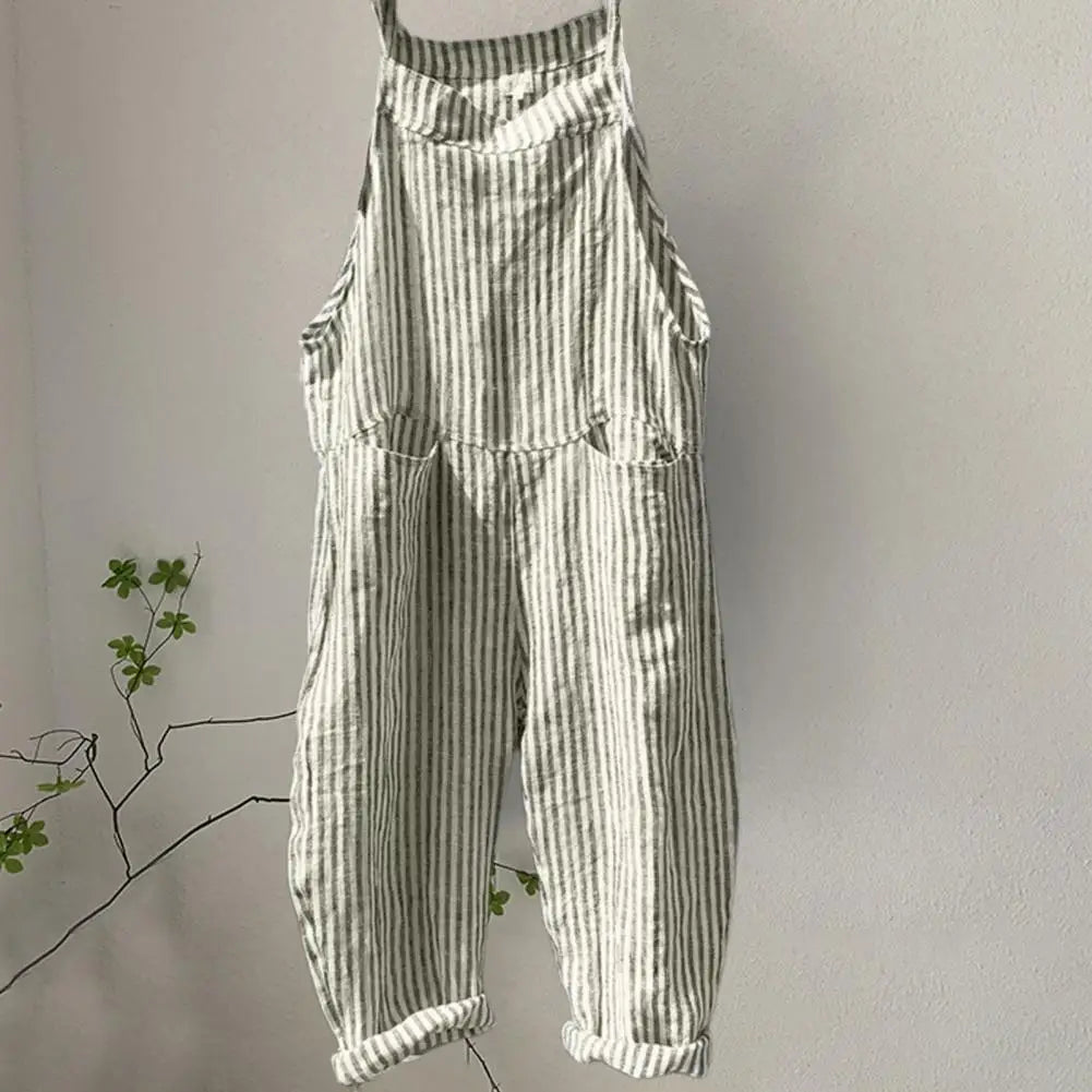 Casual Striped Print Sleeveless Jumpsuit Sling Big Pockets Wide Leg Summer Jumpsuit Women Female Clothing