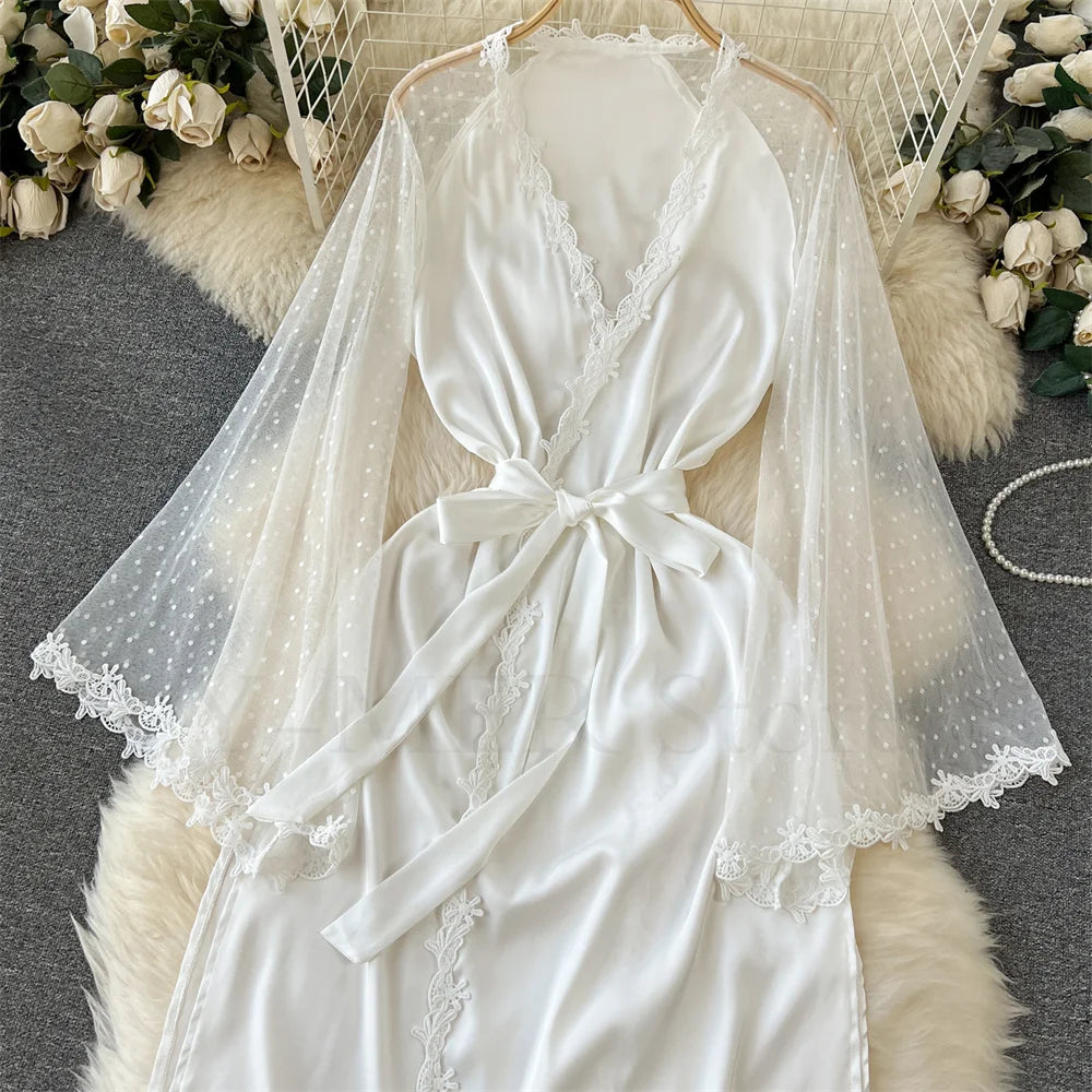 Sexy Embroider Edge Lady Kimono Bathrobe Dress Gown Mesh Sleeve Wedding Long Robe Sleepwear Loose Silk Satin Nightwear Lingerie