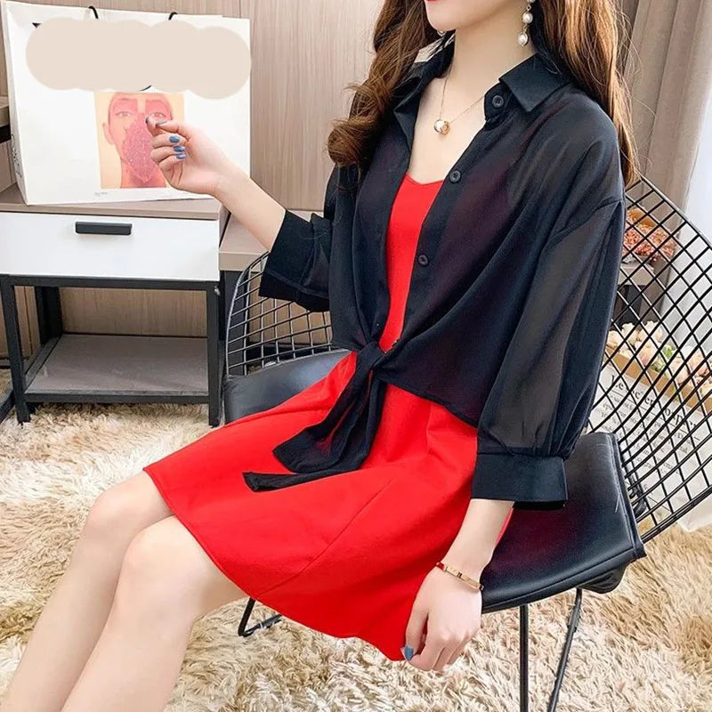 Xpqbb Summer Sun Protection Shirts Ladies Solid Color Tied Waist Half Sleeve Button Blouse Women Casual Loose Chiffon Shirt