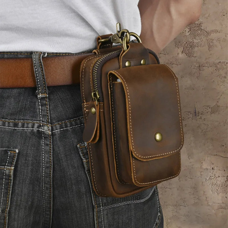 Hardware Clasp Waist Bags Men First Layer Genuine Leather Hang Bag Cowhide Wallets through the belt Zipper Retro Phone Purse