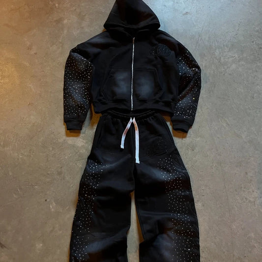 Autumn and winter European loose rhinestone decal retro zipper hoodie y2k Harajuku casual solid color sports design street hoodi