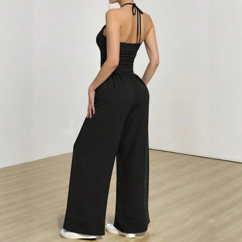 Women Summer Elegant Black High-Waist Knitted Suspender Jumpsuit Backless Women's Loose Wide-Leg Pants European Style Jumpsuit Badiee Stylez