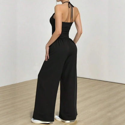 Women Summer Elegant Black High-Waist Knitted Suspender Jumpsuit Backless Women's Loose Wide-Leg Pants European Style Jumpsuit Badiee Stylez