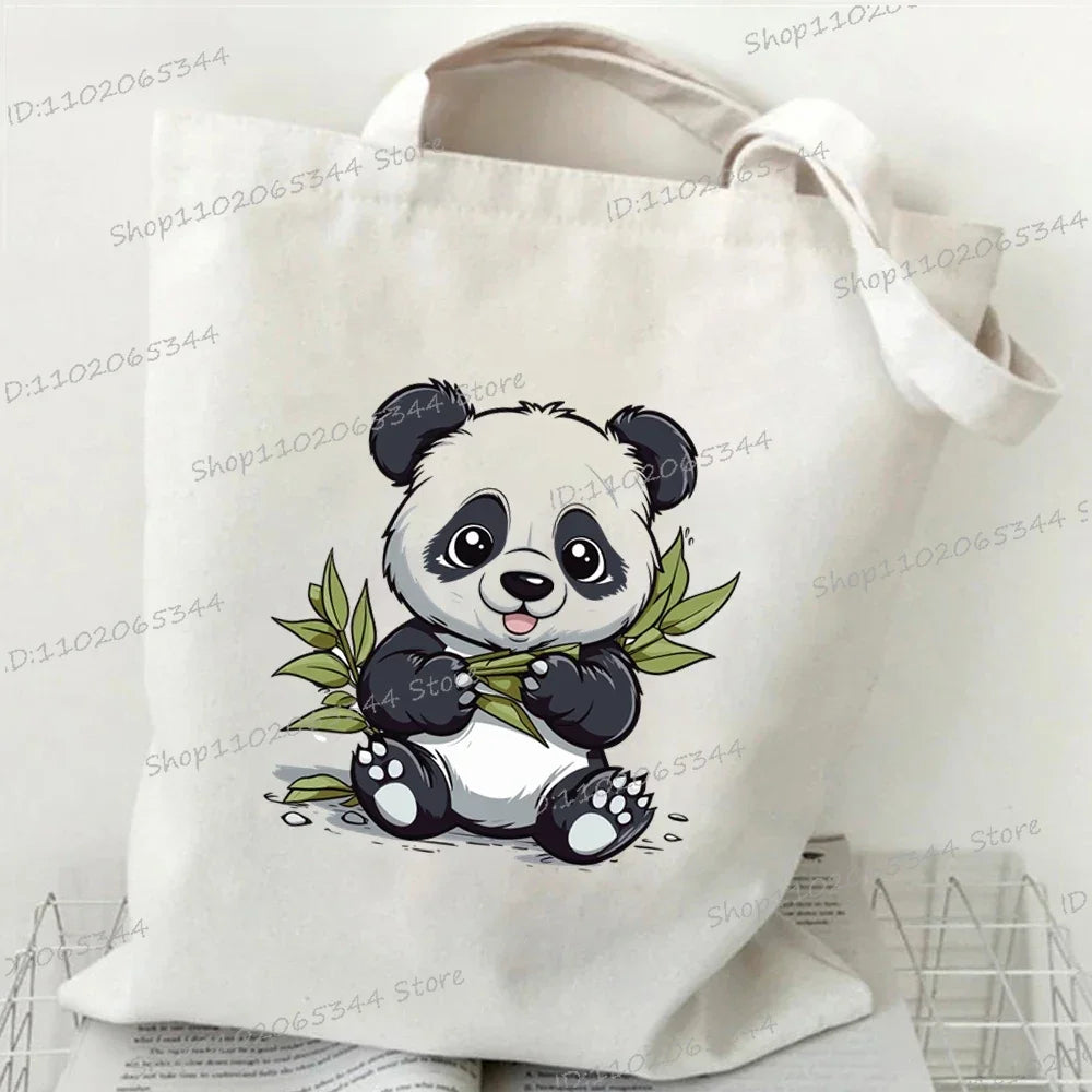 Canvas Bag for Women Cartoon Panda Printed Shopper Handbags Storage Reusable Canvas Shoulder Bag China Panda Female Tote Bag 6